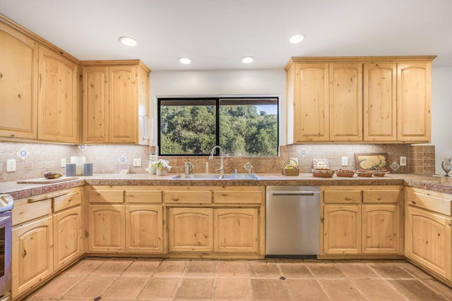 80 Bobcat Springs Rd, Buellton, CA 93427 - kitchen featuring light brown cabinets, dishwasher, tile countertops, backsplash, and recessed lighting