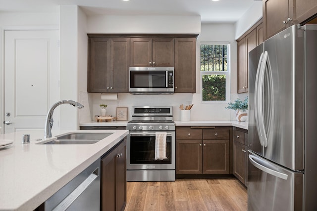 6594 Pipeline Pl, Goleta, CA 93117 - kitchen featuring stainless steel appliances, decorative backsplash, light countertops, dark brown cabinets, and light wood finished floors