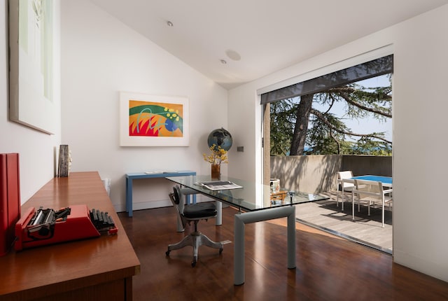 1944 Eucalyptus Hill Rd, Santa Barbara, CA 93108 - dining area featuring wood finished floors, an office area, and high vaulted ceiling
