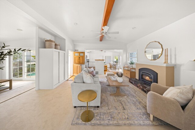 2365 Whitney Ave, Summerland, CA 93067 - living area with a ceiling fan, light colored carpet, a glass covered fireplace, and recessed lighting