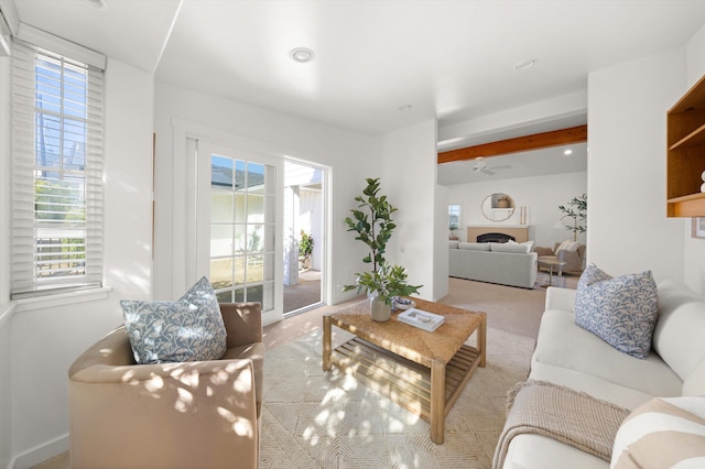 2365 Whitney Ave, Summerland, CA 93067 - living room featuring beam ceiling, a fireplace, ceiling fan, and recessed lighting
