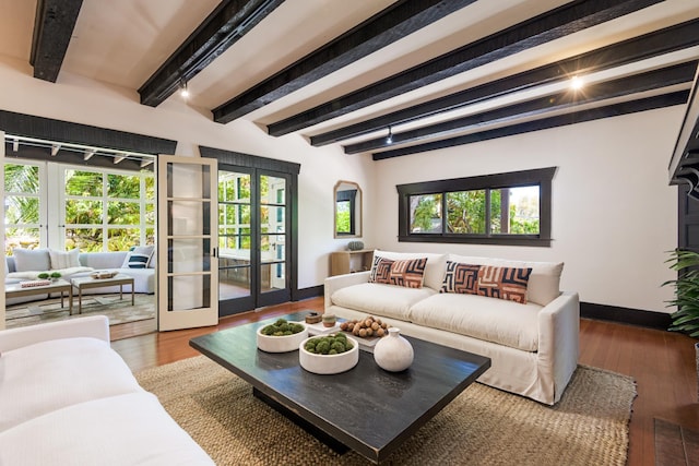 435 E Pedregosa St, Santa Barbara, CA 93101 - living area featuring french doors, beam ceiling, and wood finished floors