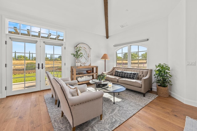 1740 Still Meadow Rd, Solvang, CA 93463 - living room with light wood-style flooring, french doors, beam ceiling, and high vaulted ceiling
