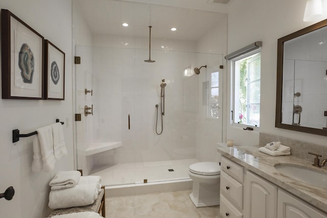 1740 Still Meadow Rd, Solvang, CA 93463 - bathroom with a stall shower, vanity, tile patterned floors, and recessed lighting