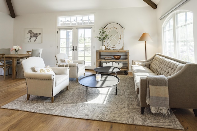 1740 Still Meadow Rd, Solvang, CA 93463 - living room with beamed ceiling, healthy amount of natural light, wood finished floors, and french doors