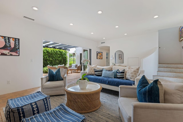 2641 Dorking Pl, Santa Barbara, CA 93105 - living area with arched walkways, recessed lighting, and stairs