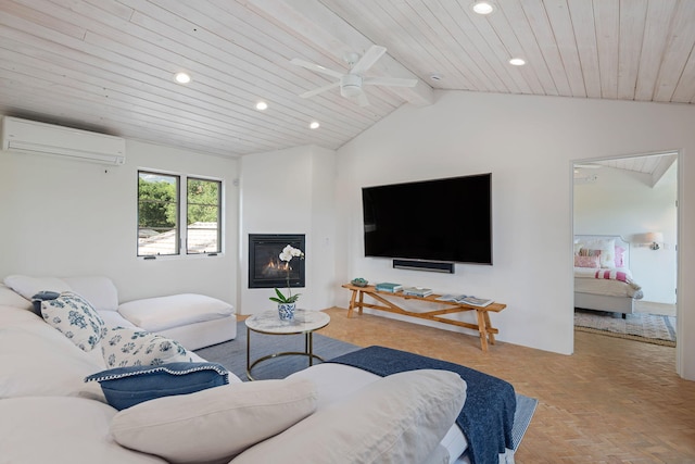 2641 Dorking Pl, Santa Barbara, CA 93105 - living room with a wall unit AC, recessed lighting, wooden ceiling, ceiling fan, and a glass covered fireplace