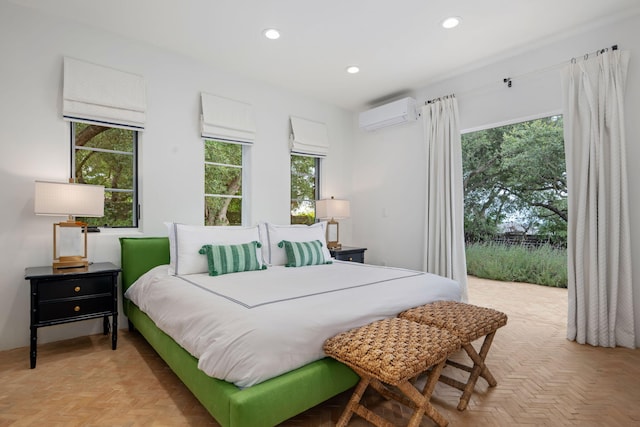 2641 Dorking Pl, Santa Barbara, CA 93105 - bedroom with a wall mounted AC, multiple windows, recessed lighting, and access to exterior