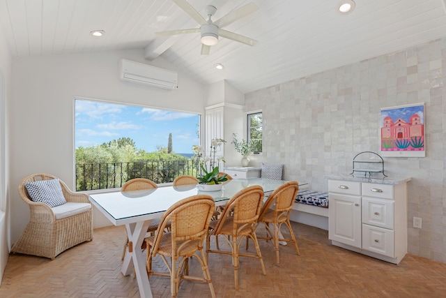 2641 Dorking Pl, Santa Barbara, CA 93105 - dining area with a wall mounted AC, tile walls, beam ceiling, ceiling fan, and recessed lighting