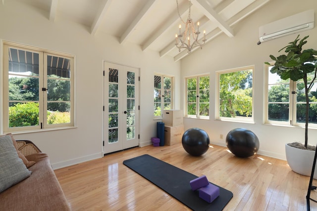 205 S Lomita Ave, Ojai, CA 93023 - workout area featuring a wall mounted air conditioner, french doors, plenty of natural light, hardwood / wood-style floors, and vaulted ceiling