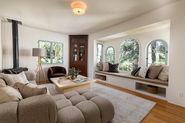 205 S Lomita Ave, Ojai, CA 93023 - living area featuring healthy amount of natural light, a wood stove, and light wood finished floors