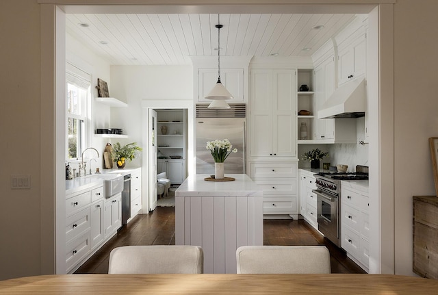 602 Parra Grande Ln, Montecito, CA 93108 - kitchen with open shelves, high quality appliances, under cabinet range hood, dark wood finished floors, and wooden ceiling