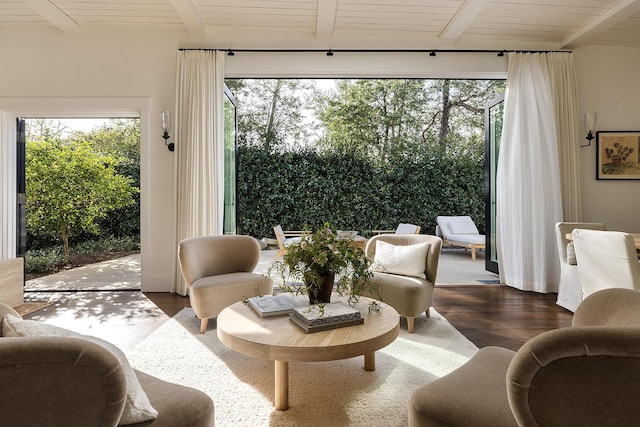 602 Parra Grande Ln, Montecito, CA 93108 - living area featuring wood finished floors, healthy amount of natural light, and a wood ceiling with exposed beams