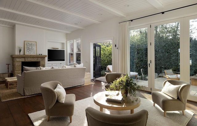 602 Parra Grande Ln, Montecito, CA 93108 - living area with dark wood-style flooring, a fireplace, a wooden ceiling with exposed beams, and built in shelves