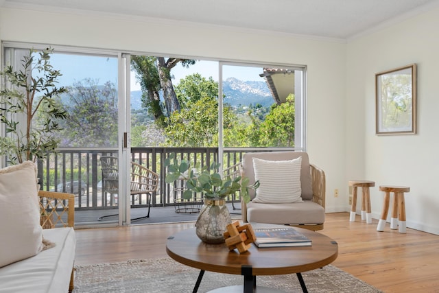 2727 Miradero Dr Unit 209, Santa Barbara, CA 93105 - living room featuring ornamental molding, wood finished floors, and a mountain view
