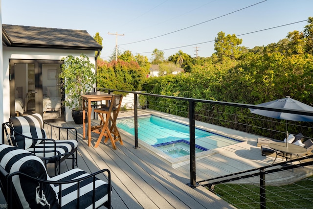 251 Cloydon Cir, Montecito, CA 93108 - wooden deck featuring a pool with connected hot tub