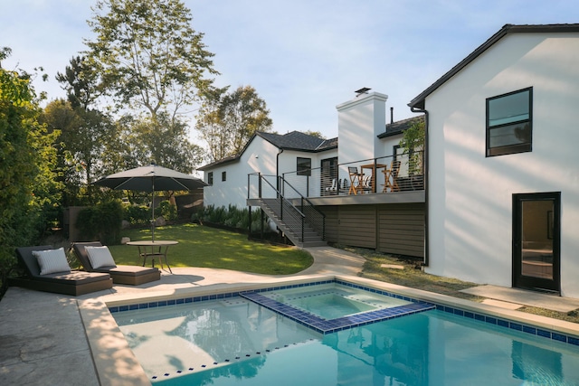 251 Cloydon Cir, Montecito, CA 93108 - view of pool featuring stairway, a yard, a patio, and a pool with connected hot tub