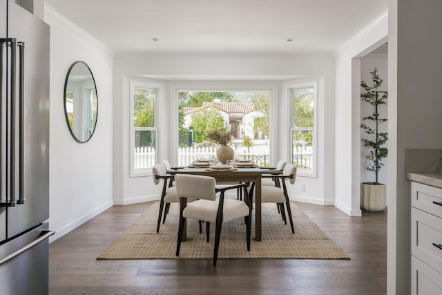 251 Cloydon Cir, Montecito, CA 93108 - dining space with dark wood finished floors and ornamental molding