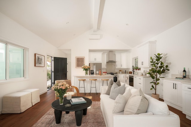 251 Cloydon Cir, Montecito, CA 93108 - living area with beam ceiling, high vaulted ceiling, and dark wood finished floors