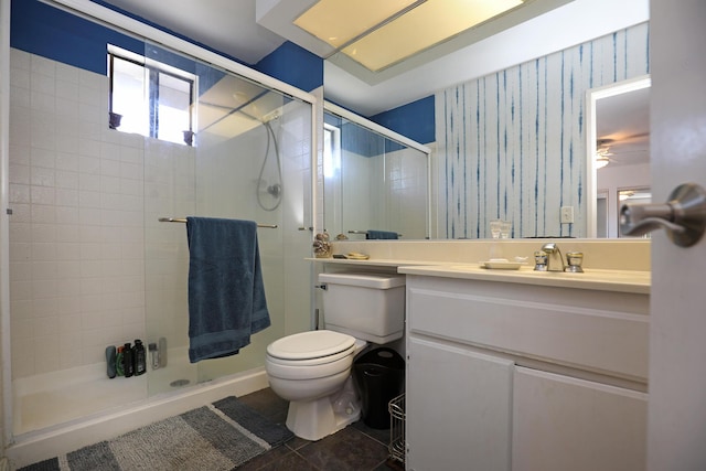 4014 Primavera Rd Unit A, Santa Barbara, CA 93110 - bathroom featuring a shower stall, vanity, a ceiling fan, and tile patterned flooring