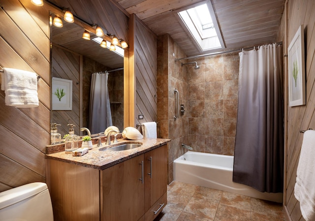 1330 W Valerio St, Santa Barbara, CA 93101 - full bath with a skylight, vanity, shower / tub combo, wood walls, and wooden ceiling