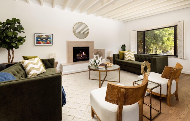 1330 W Valerio St, Santa Barbara, CA 93101 - living room featuring wood finished floors, a high end fireplace, and beam ceiling