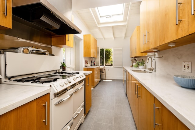 1330 W Valerio St, Santa Barbara, CA 93101 - kitchen featuring range hood, gas range gas stove, brown cabinetry, light countertops, and beam ceiling