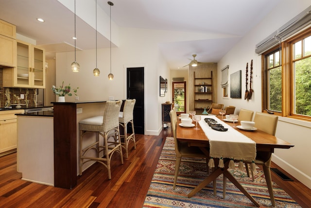 1138 Vallecito Rd, Carpinteria, CA 93013 - dining room with dark wood-style flooring, a ceiling fan, built in features, recessed lighting, and vaulted ceiling