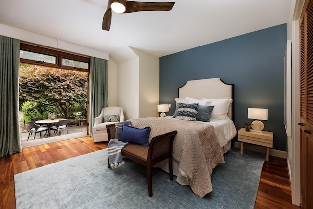1138 Vallecito Rd, Carpinteria, CA 93013 - bedroom featuring wood finished floors, access to outside, and a ceiling fan
