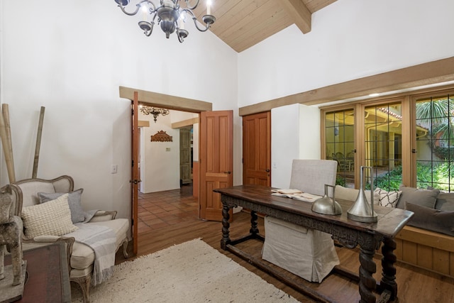 601 San Ysidro Rd, Santa Barbara, CA 93108 - home office with a chandelier, wood finished floors, high vaulted ceiling, and a wood ceiling with exposed beams