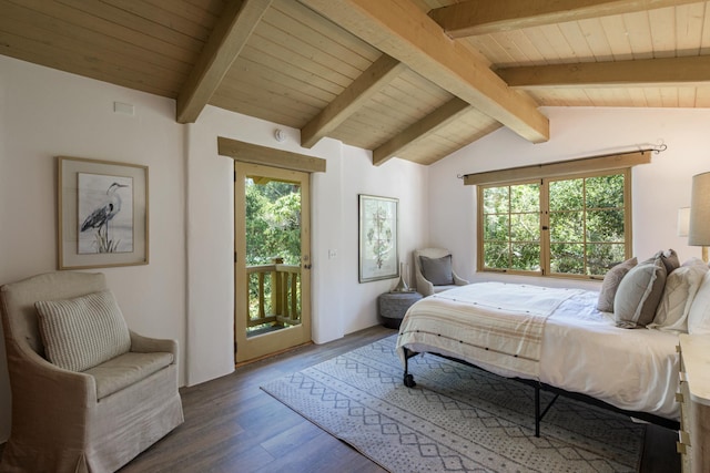 601 San Ysidro Rd, Santa Barbara, CA 93108 - bedroom featuring access to outside, multiple windows, wood finished floors, and wooden ceiling
