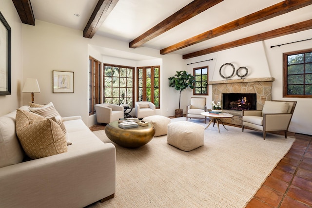 771 Via Manana, Montecito, CA 93108 - living area with beamed ceiling and a stone fireplace