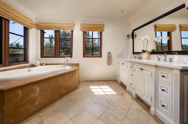 771 Via Manana, Montecito, CA 93108 - bathroom with double vanity, a bath, crown molding, and tile patterned floors