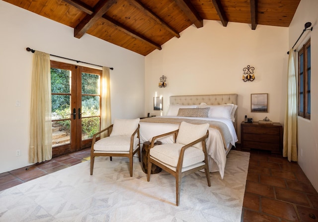 771 Via Manana, Montecito, CA 93108 - tiled bedroom featuring wooden ceiling, access to exterior, and french doors