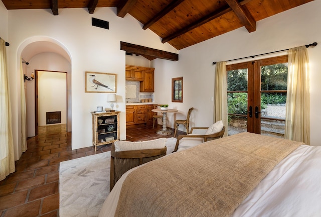 771 Via Manana, Montecito, CA 93108 - bedroom featuring french doors, wooden ceiling, arched walkways, and access to exterior