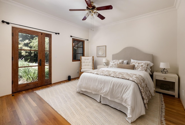 771 Via Manana, Montecito, CA 93108 - bedroom featuring crown molding, wood finished floors, access to exterior, and ceiling fan