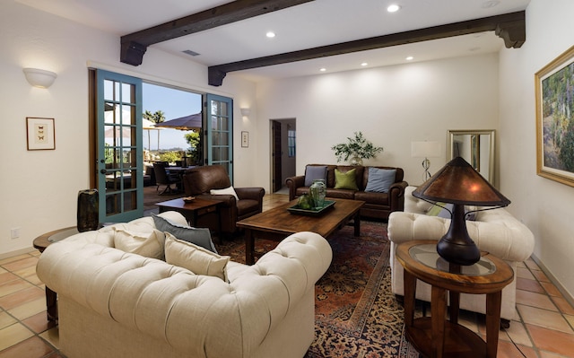 1439 Tunnel Rd, Santa Barbara, CA 93105 - tiled living room with recessed lighting and beamed ceiling