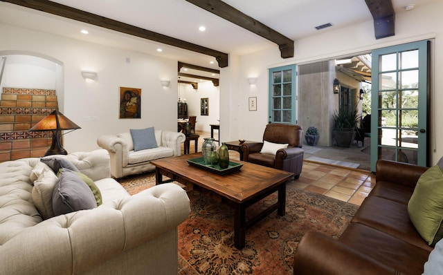 1439 Tunnel Rd, Santa Barbara, CA 93105 - tiled living area with plenty of natural light, beam ceiling, and recessed lighting