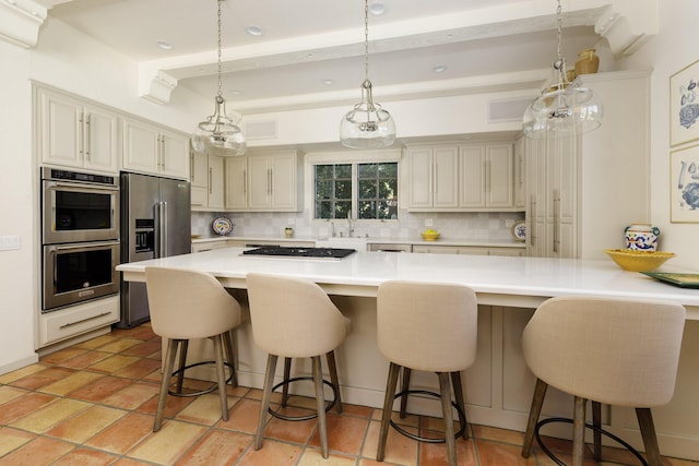 1439 Tunnel Rd, Santa Barbara, CA 93105 - kitchen featuring appliances with stainless steel finishes, decorative backsplash, light countertops, a kitchen bar, and beam ceiling