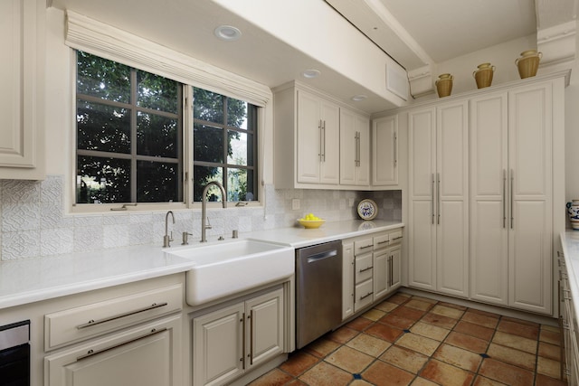 1439 Tunnel Rd, Santa Barbara, CA 93105 - kitchen featuring dishwasher, tasteful backsplash, light countertops, white cabinetry, and recessed lighting