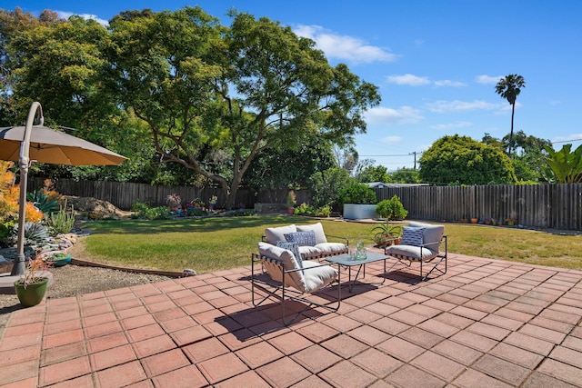 7234 Del Norte Dr, Goleta, CA 93117 - fenced backyard featuring a patio and an outdoor living space