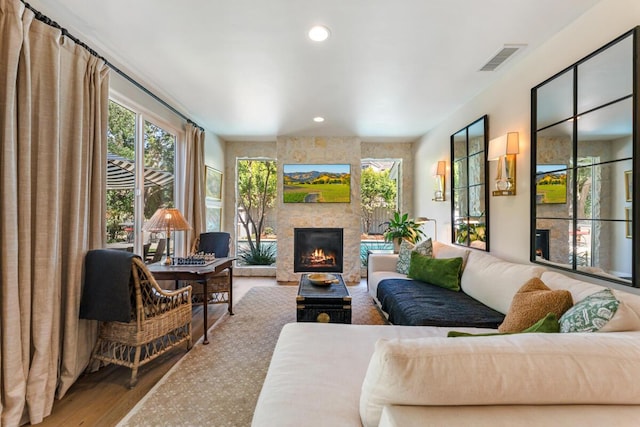 2807 Gaviota St, Los Olivos, CA 93441 - living room featuring wood finished floors, a fireplace, and recessed lighting