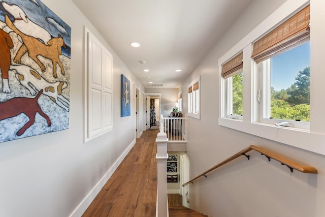 2807 Gaviota St, Los Olivos, CA 93441 - hall featuring recessed lighting, wood finished floors, and an upstairs landing
