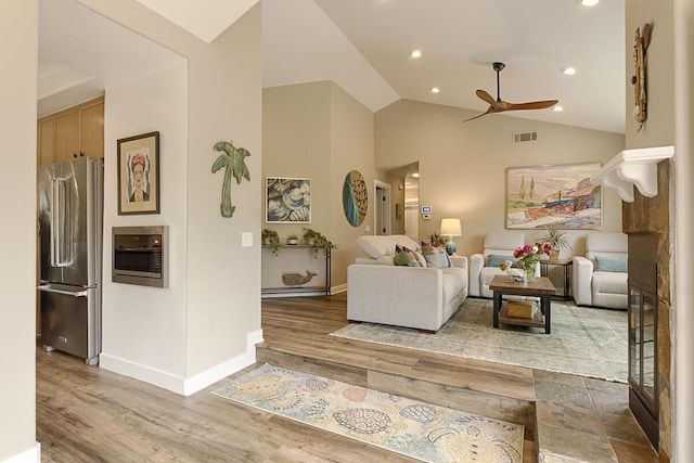 5118 Concord Pl, Carpinteria, CA 93013 - living room featuring ceiling fan, wood finished floors, recessed lighting, and high vaulted ceiling