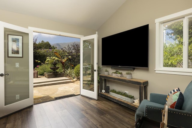 5118 Concord Pl, Carpinteria, CA 93013 - living area featuring lofted ceiling, wood finished floors, and french doors