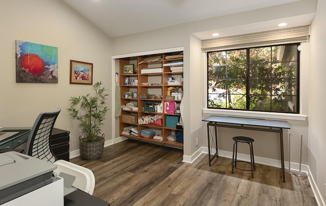 5118 Concord Pl, Carpinteria, CA 93013 - office featuring wood finished floors, recessed lighting, and vaulted ceiling