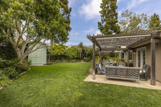 5118 Concord Pl, Carpinteria, CA 93013 - view of green lawn featuring a storage shed, a pergola, an outdoor living space, and a patio area