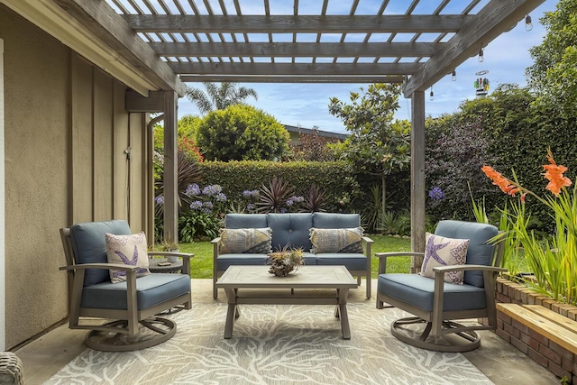 5118 Concord Pl, Carpinteria, CA 93013 - fenced backyard featuring an outdoor hangout area, a patio, and a pergola