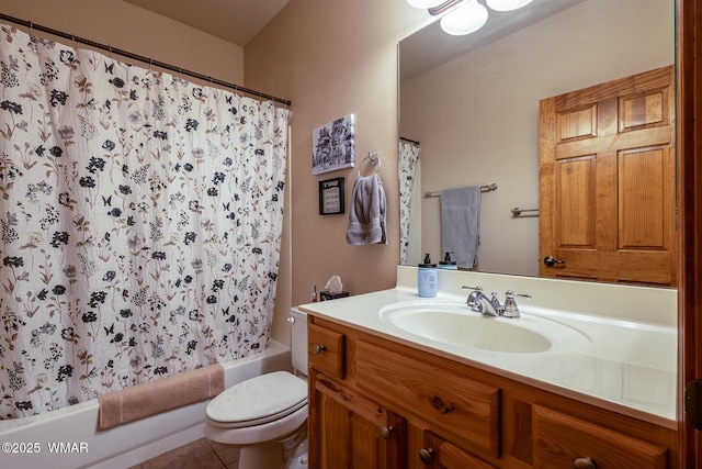 bathroom featuring toilet, tile patterned floors, vanity, and shower / tub combo with curtain