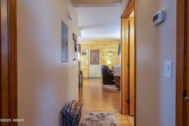 hallway featuring light wood-style floors, electric panel, and wood walls